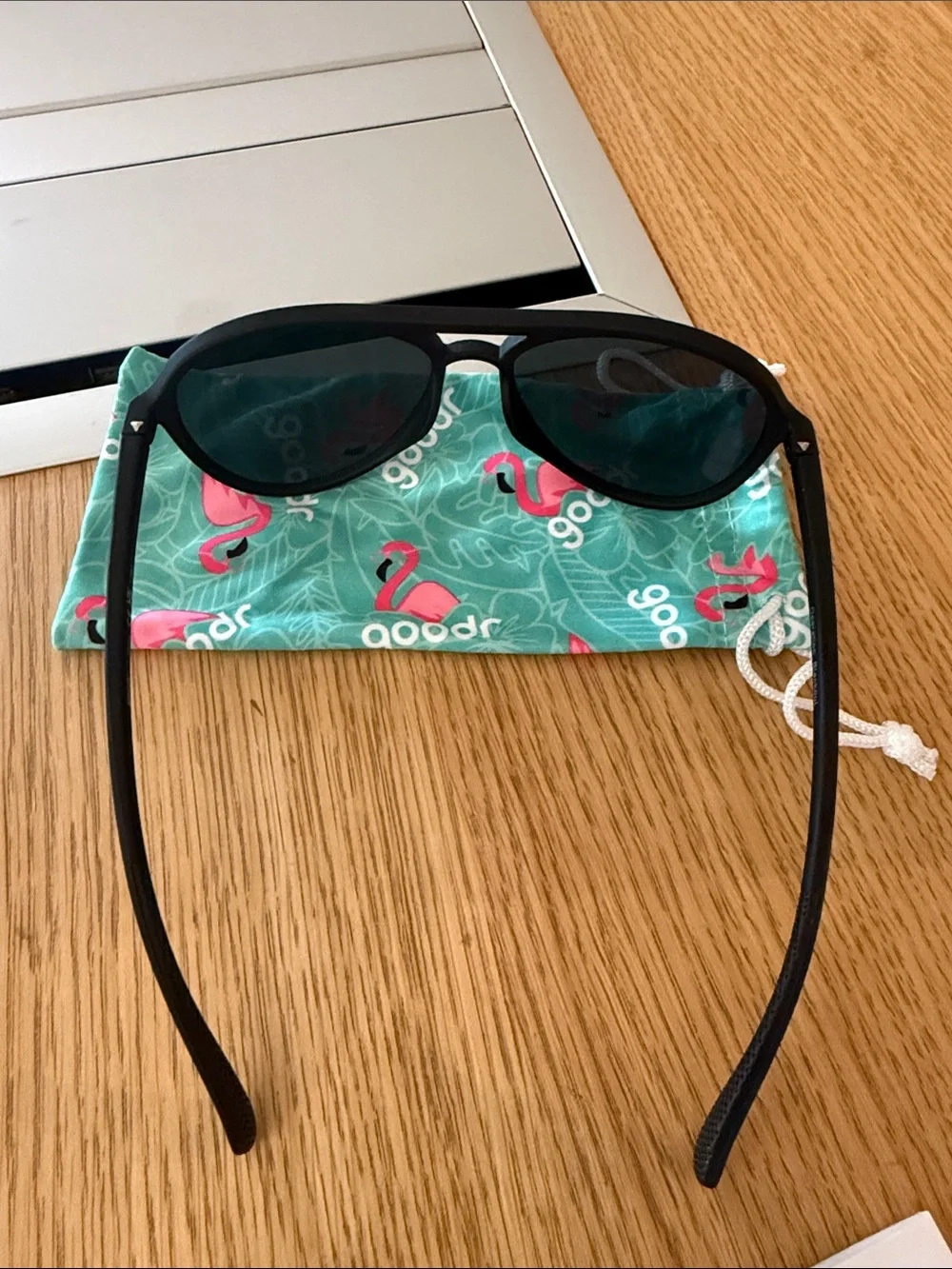 Goodr Black Aviator Sunglasses with Teal Flamingo Pouch